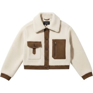 Topshop Faux Shearling‎ Aviator Jacket Cream Borg Moto Bomber Coat Womens Small